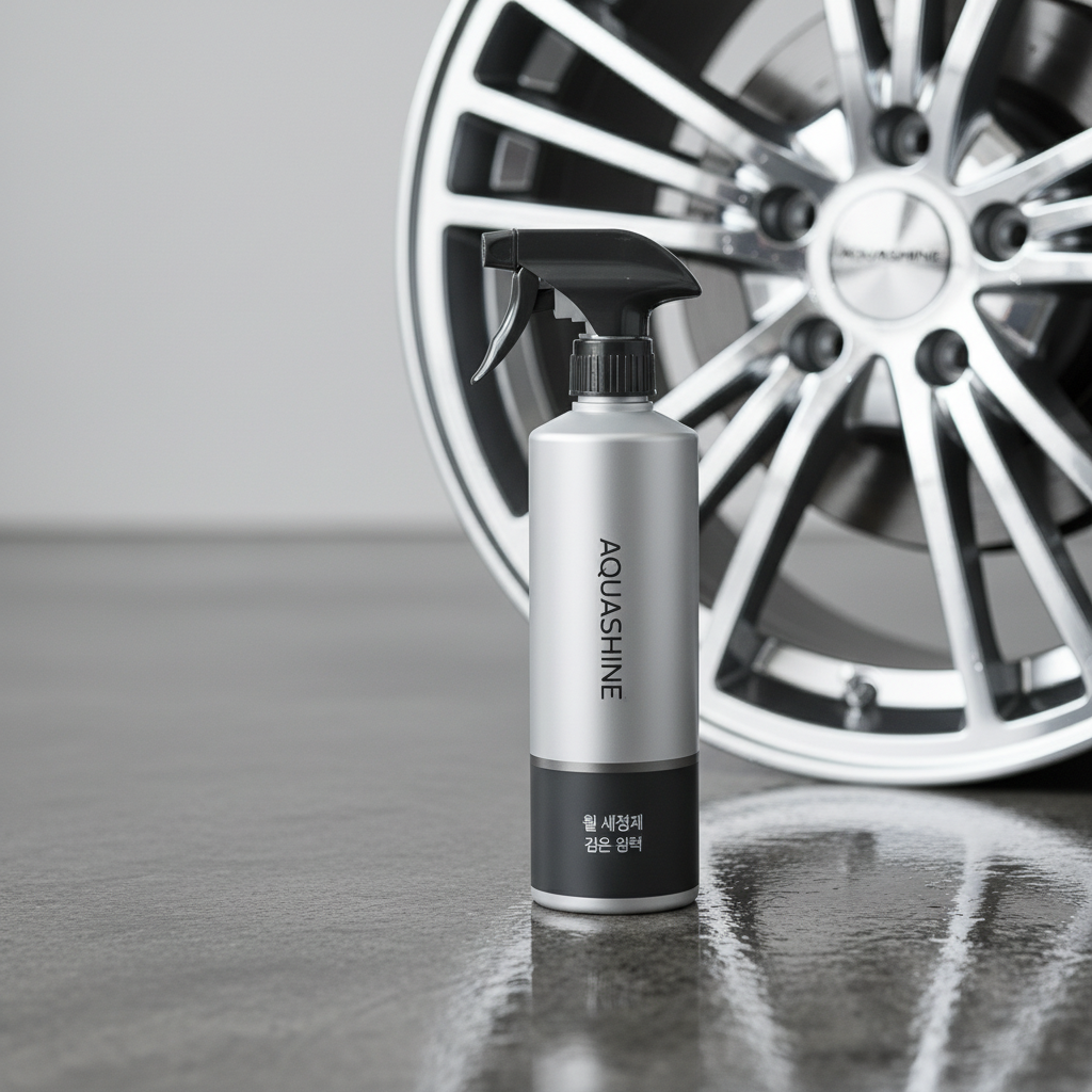젖은 회색 콘크리트 바닥 위에 세워진 세련된 디자인의 휠 세정제 스프레이 제품과 그 뒤로 완벽하게 세척되어 눈부신 광택을 내는 자동차 휠의 조화로운 구성