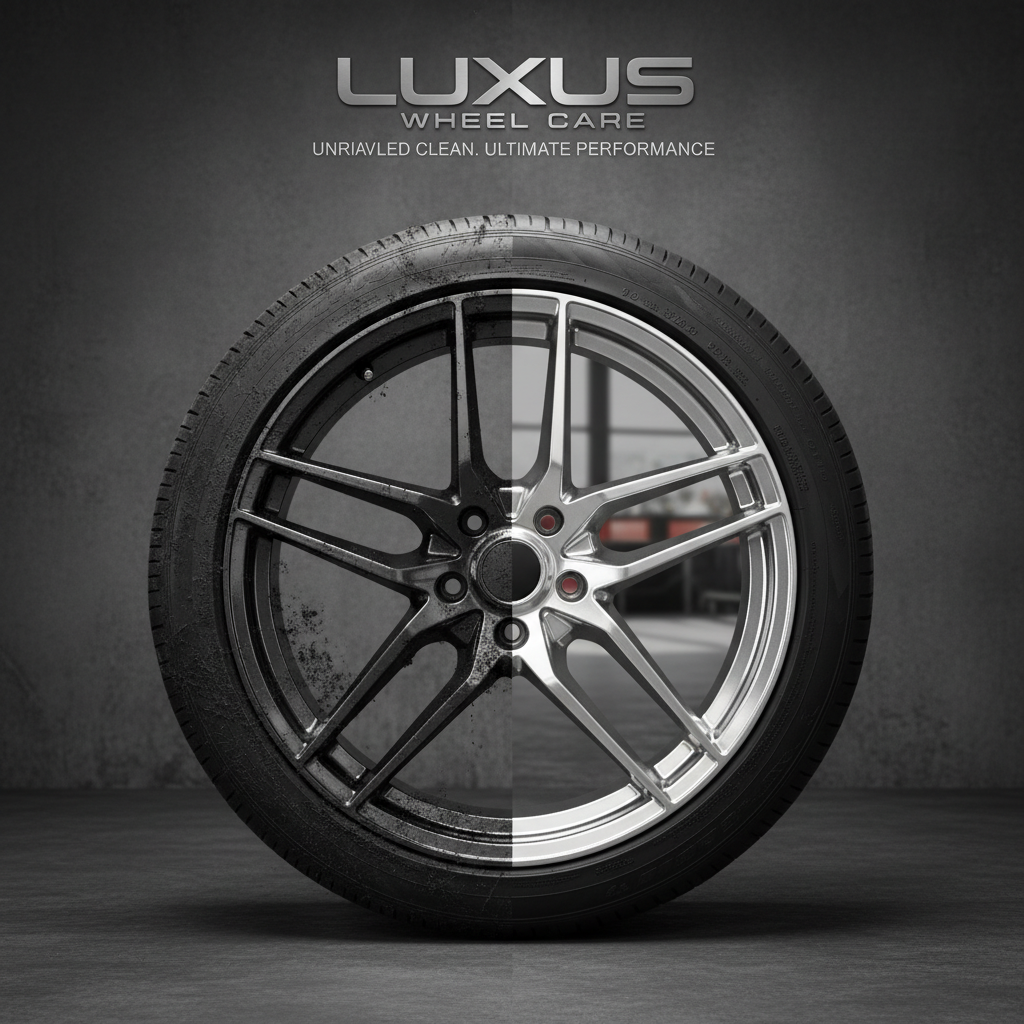 휠의 왼쪽은 검은 분진으로 뒤덮여 있고 오른쪽은 세정 후 거울처럼 깨끗하게 빛나는 상태를 한 프레임에 담아 성능을 강조한 대비 이미지
