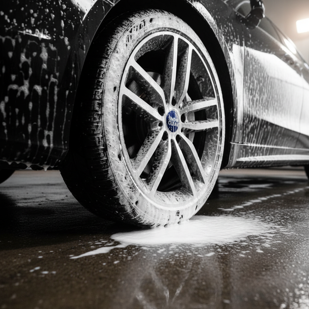 풍부하고 촘촘한 화이트 스노우 폼 세정제가 자동차 휠 전체를 부드럽게 감싸고 있는 모습으로 세차의 즐거움과 깨끗한 이미지를 전달하는 감각적인 컷