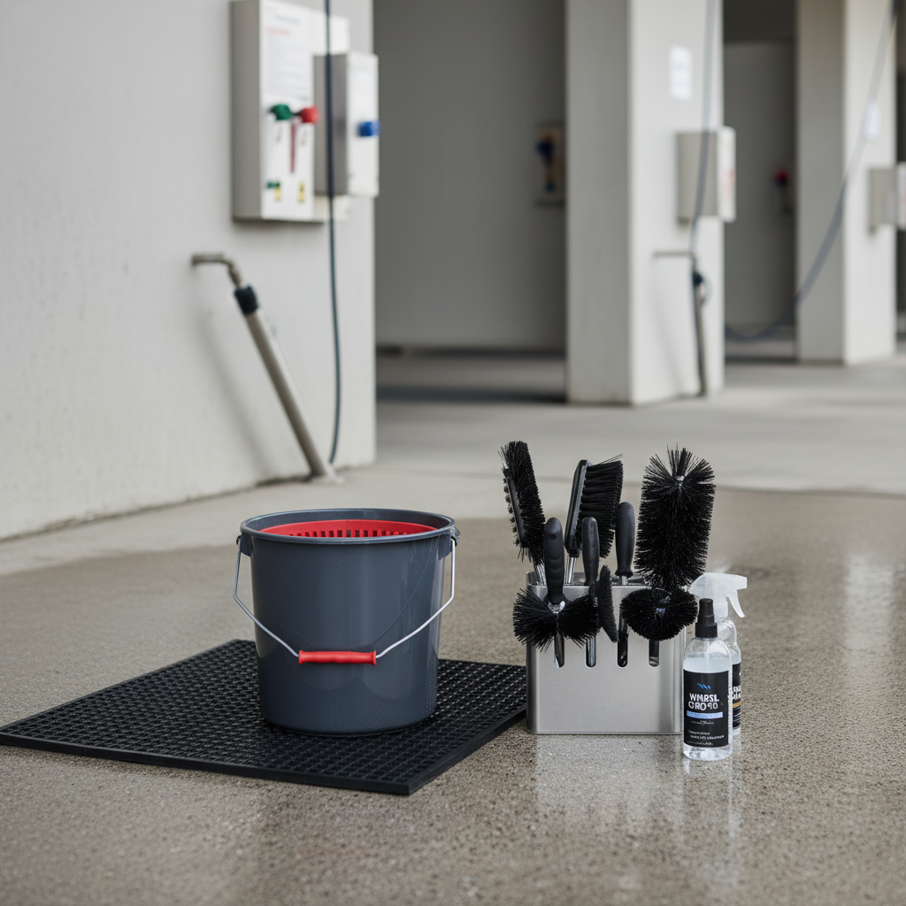 깔끔하게 정리된 셀프 세차장 베이에서 전용 버킷과 다양한 휠 브러시 그리고 휠 세정제가 가지런히 놓여 있는 미니멀하고 전문적인 느낌의 연출 사진